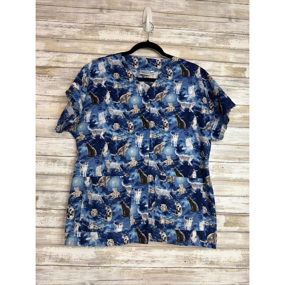 Animal Kingdom Blue Cat Galaxy Scrub Top Scrubs sz Small  V Neck